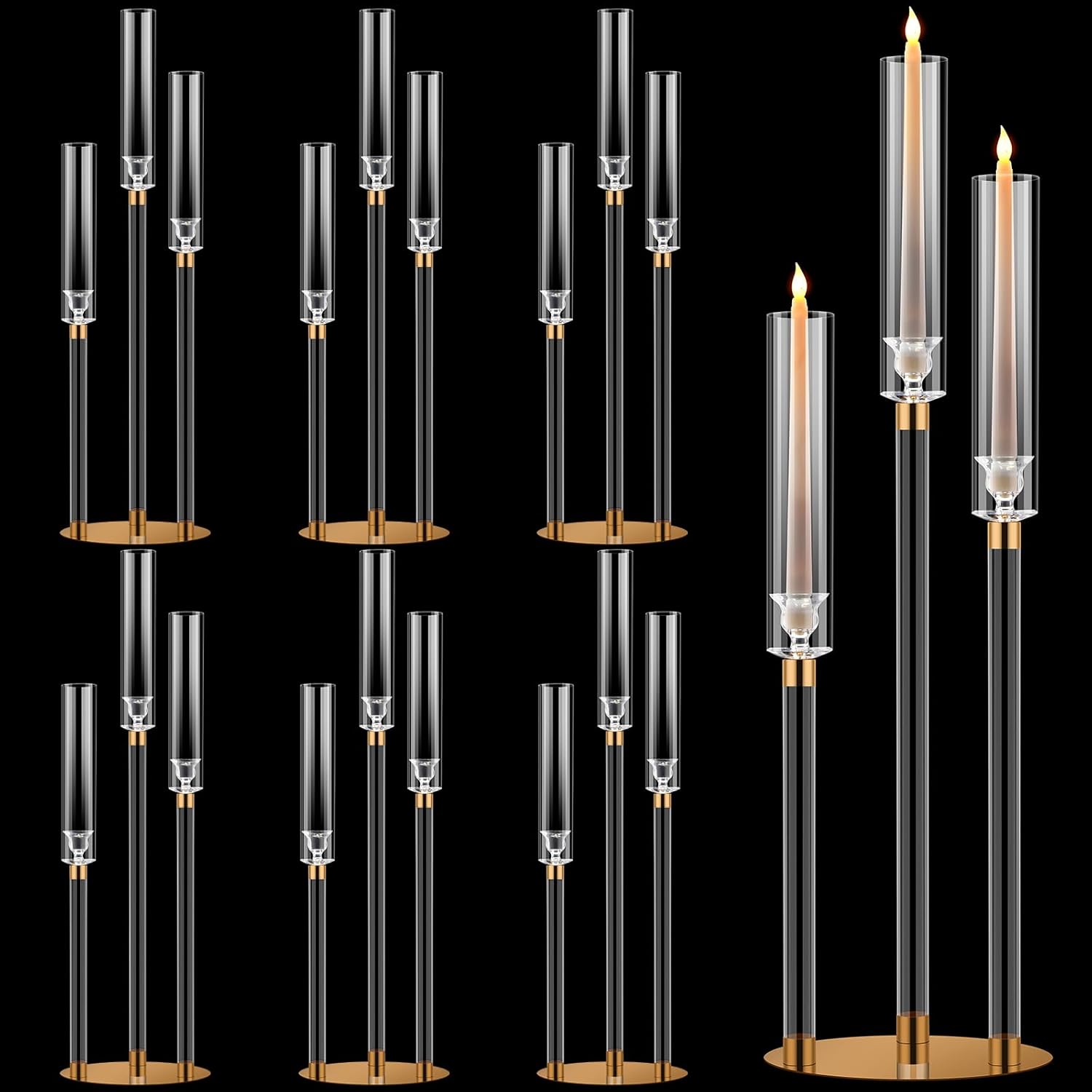Layhit 6 Pack Acrylic Candelabra Centerpieces 30.5'' Tall Clear Candle Holder Gold 3 Arm Crystal Candle Holder Candlesticks Holder with Clear Lampshade for Wedding Party Fit 0.8 LED Candlesticks