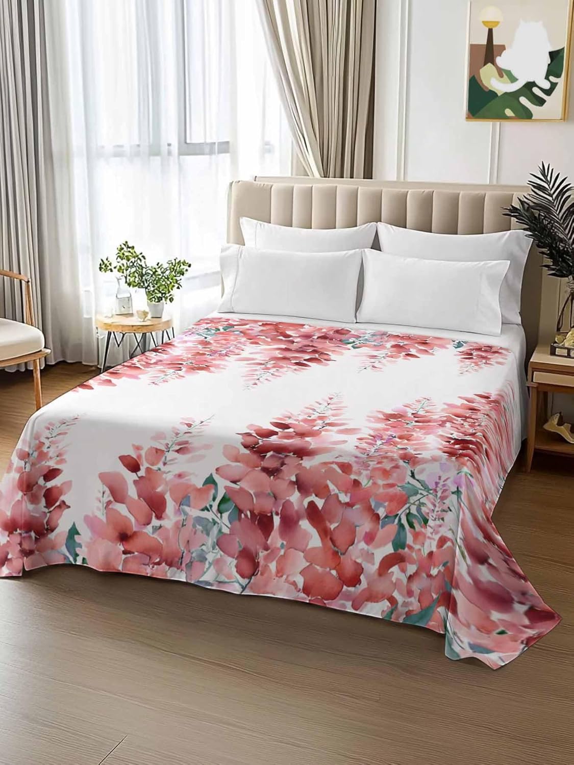 Top Sheet Full Bedding Flat Sheet Only, Pastoral Red Flower Leaf Microfiber Bed Sheets Soft Breathable Bedding Flat Sheets, Farmhouse Botanical Hotel Luxury Top Sheets