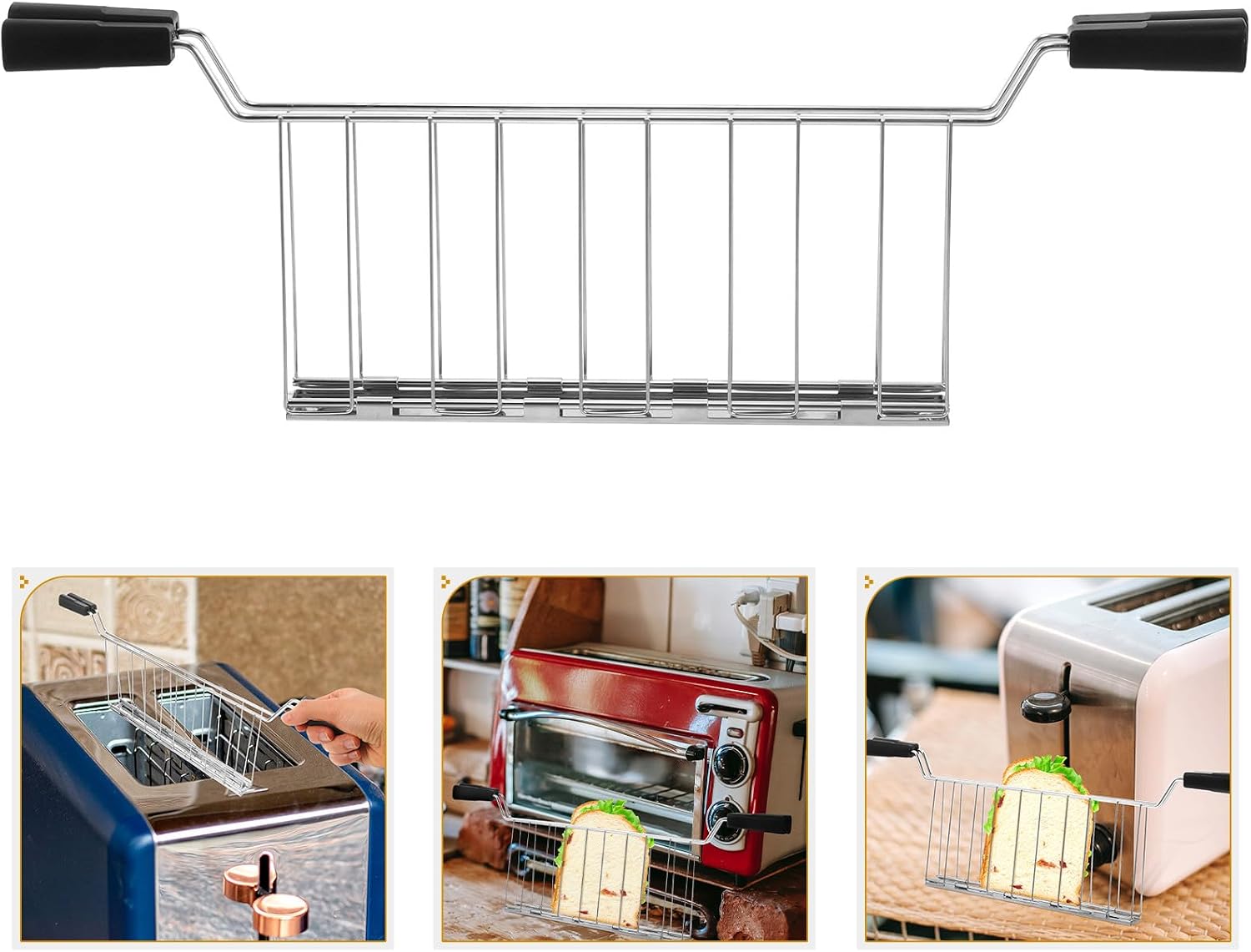 Toaster Warming Rack Stainless Steel Bread Rack Roasting Toaster Accessory 180° Open Black Extended Sandwich for Breakfast Maker