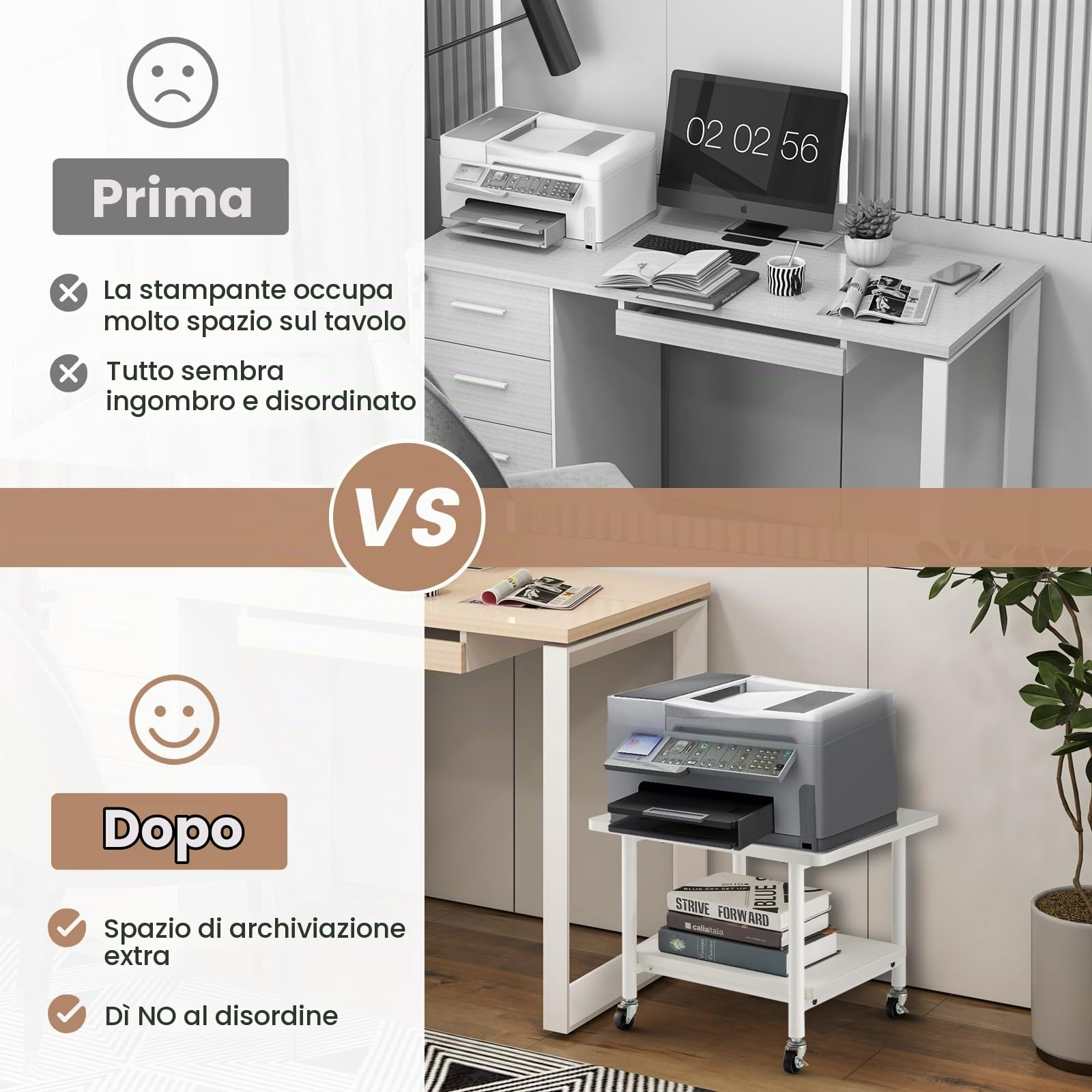 HOMASIS Supporto per Stampante da Ufficio a 2 Ripiani, Mobile Stampante con 4 Ruote con Freni, Carrello Organizzatore per Camera, Soggiorno, Ufficio (Bianco)