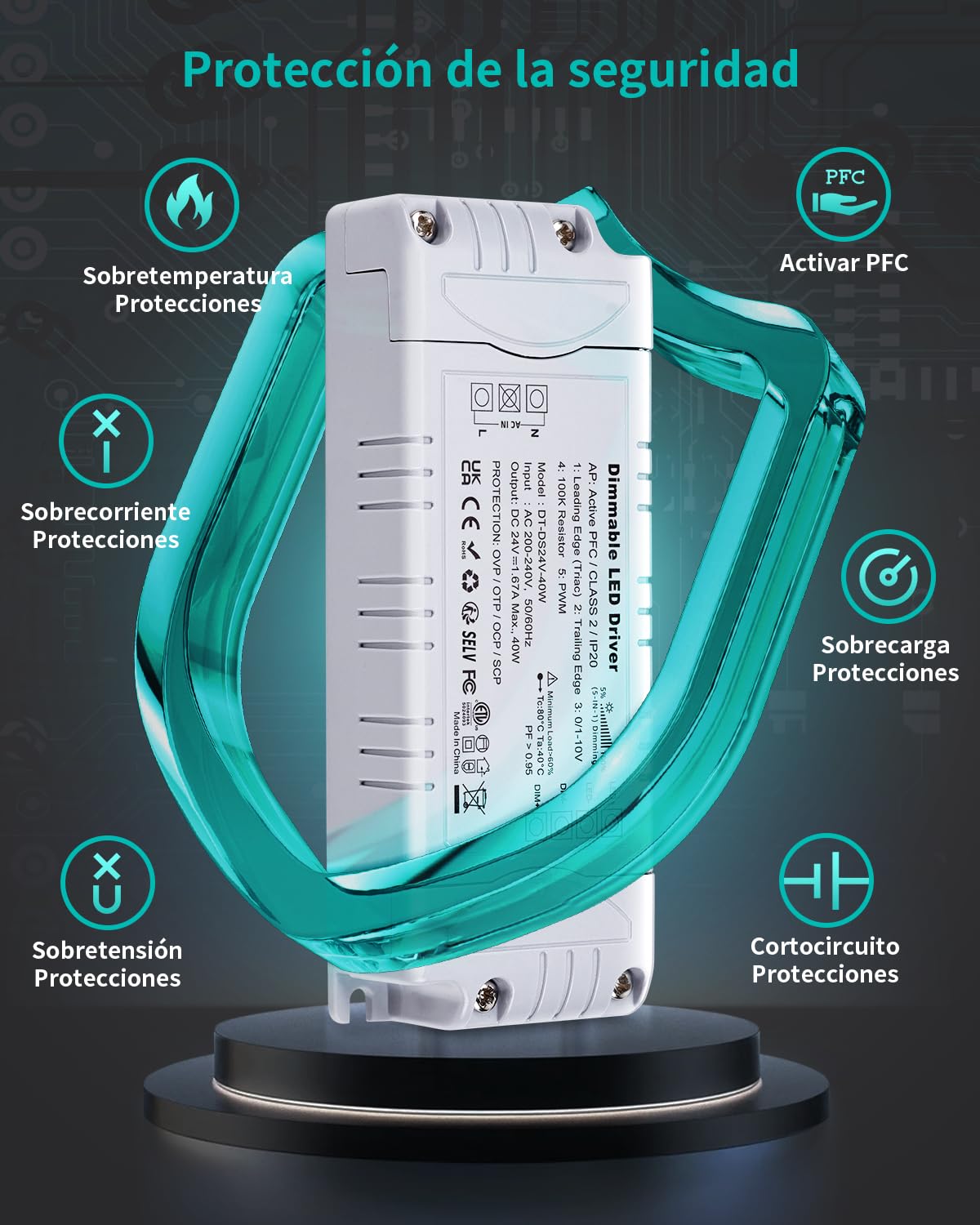 REYLAX Transformador de 220V a 24V 40W 1.67A Regulable Triac y 0/1-10V, Transformador LED Dimmable de Voltaje Constante, Fuente de Alimentación de Bajo Voltaje, Controlador para Tira LED