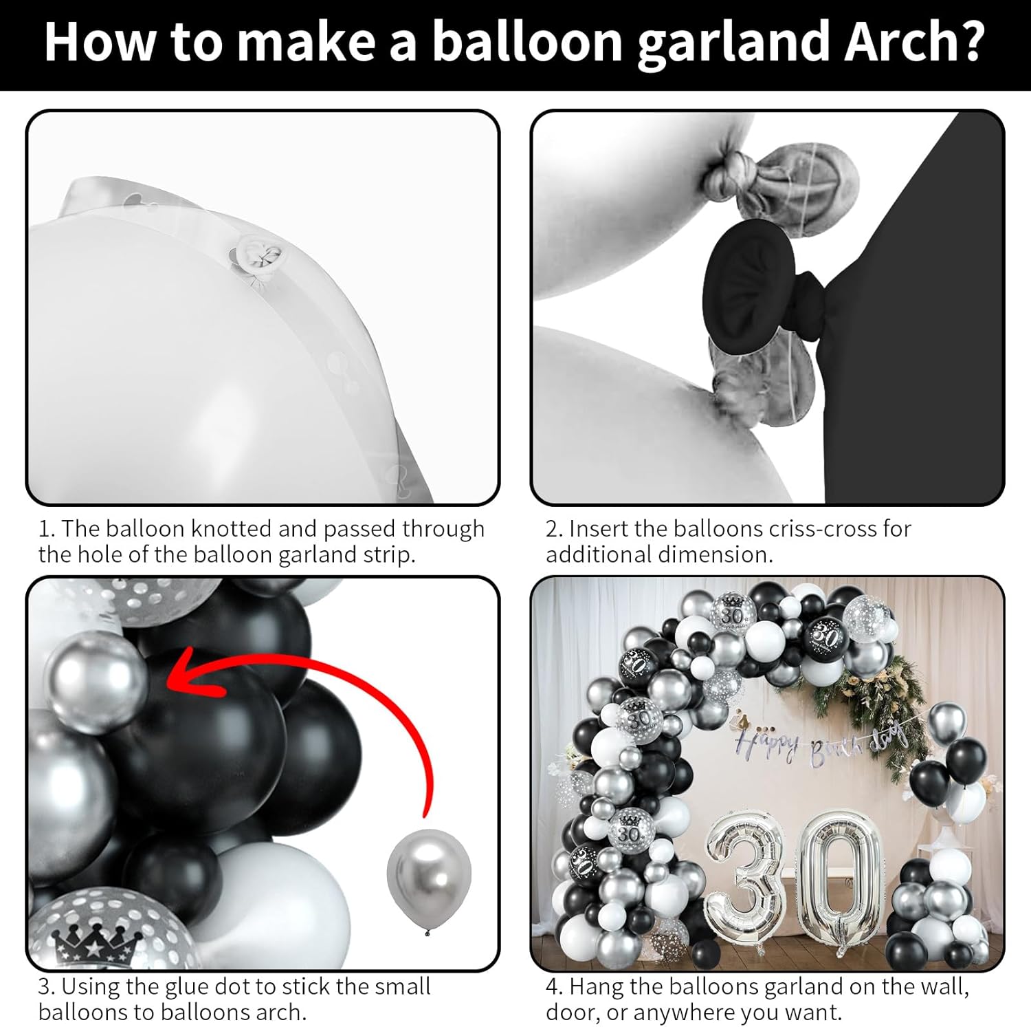 30th Birthday Decorations for Man Black Silver Balloons Garland Arch Kit with Number 30 Foil Confetti Balloon Happy Birthday Bunting Banner Black Silver Party Decor for 30 Years Old Women Anniversary - Image 6