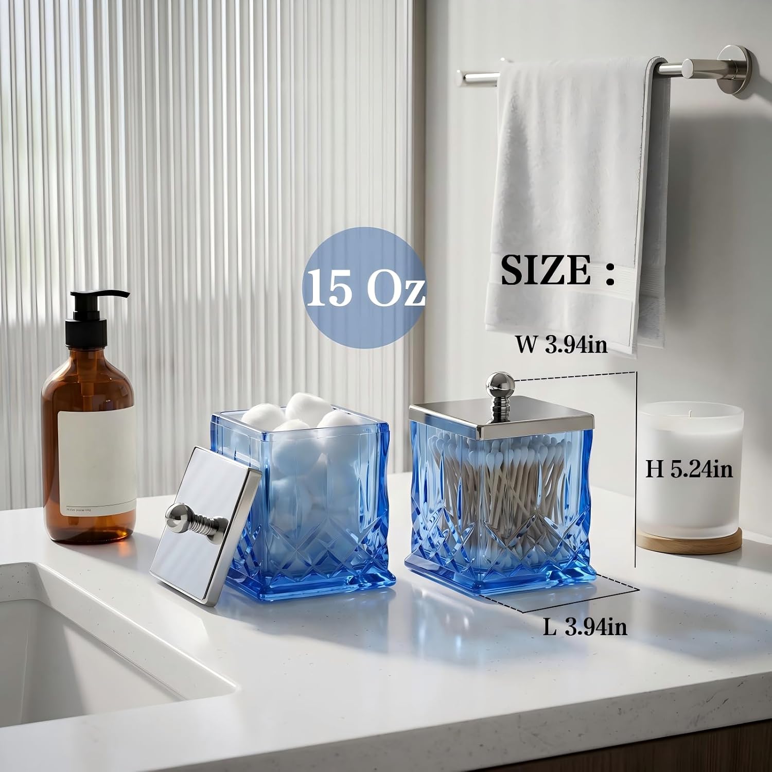 2 Pack Glass Qtip Holder Dispenser Set, Square Bathroom Apothecary Jars with Silver Lid for Cotton Swabs, Balls, Pads, Floss Picks, Vanity Storage Container for Makeup, Candy, Jewelry(15 Oz, Blue)