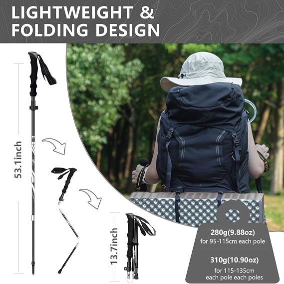 Hiking Poles Aluminum Collapsible Trekking Pole Lightweight Stick | Adjustable , 2pc set, Quick Lock System,EVA Handle,Compact fold design for Wowen Men