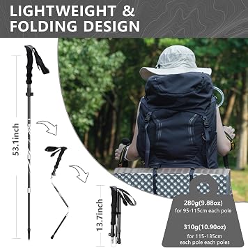 Hiking Poles Aluminum Collapsible Trekking Pole Lightweight Stick | Adjustable , 2pc set, Quick Lock System,EVA Handle,Compact fold design for Wowen Men