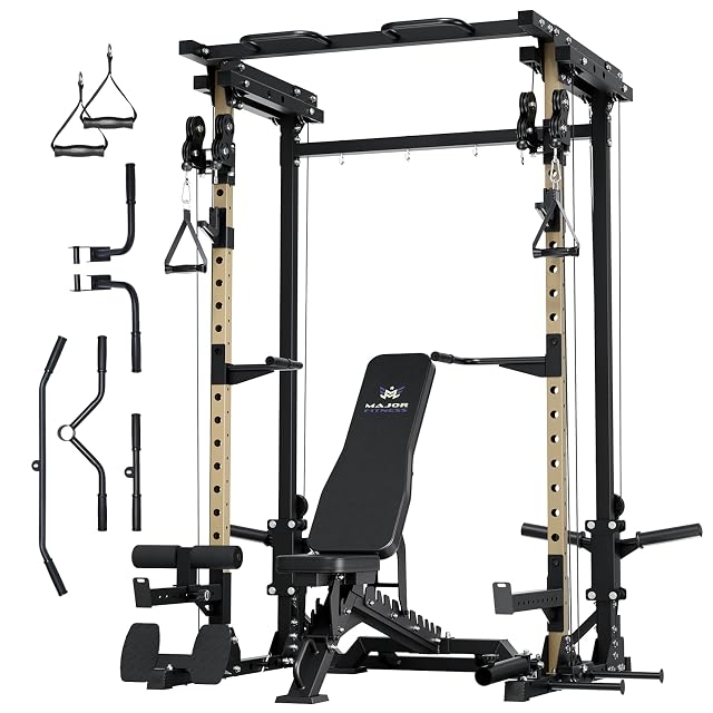 MAJOR FITNESS Drone3 Power Rack 2500lbs Multi-Function Home Gym Squat Rack with Dual Pulley System Pull-Up Bar J-Hooks