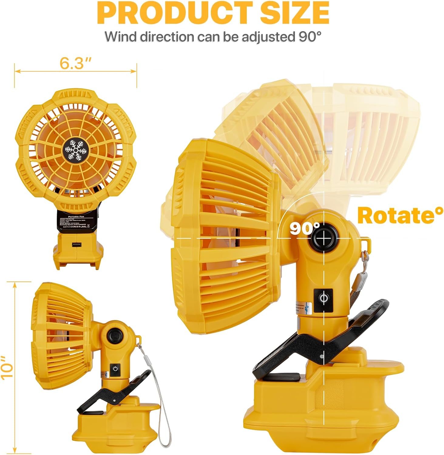 Portable Cordless 3 speeds Fan For Dewalt 20V/60V Lithium-Ion Battery Powered, with USB Charging Port, and for Bedroom,Outdoor,Camping and Job Site(Battery not included) - Image 2