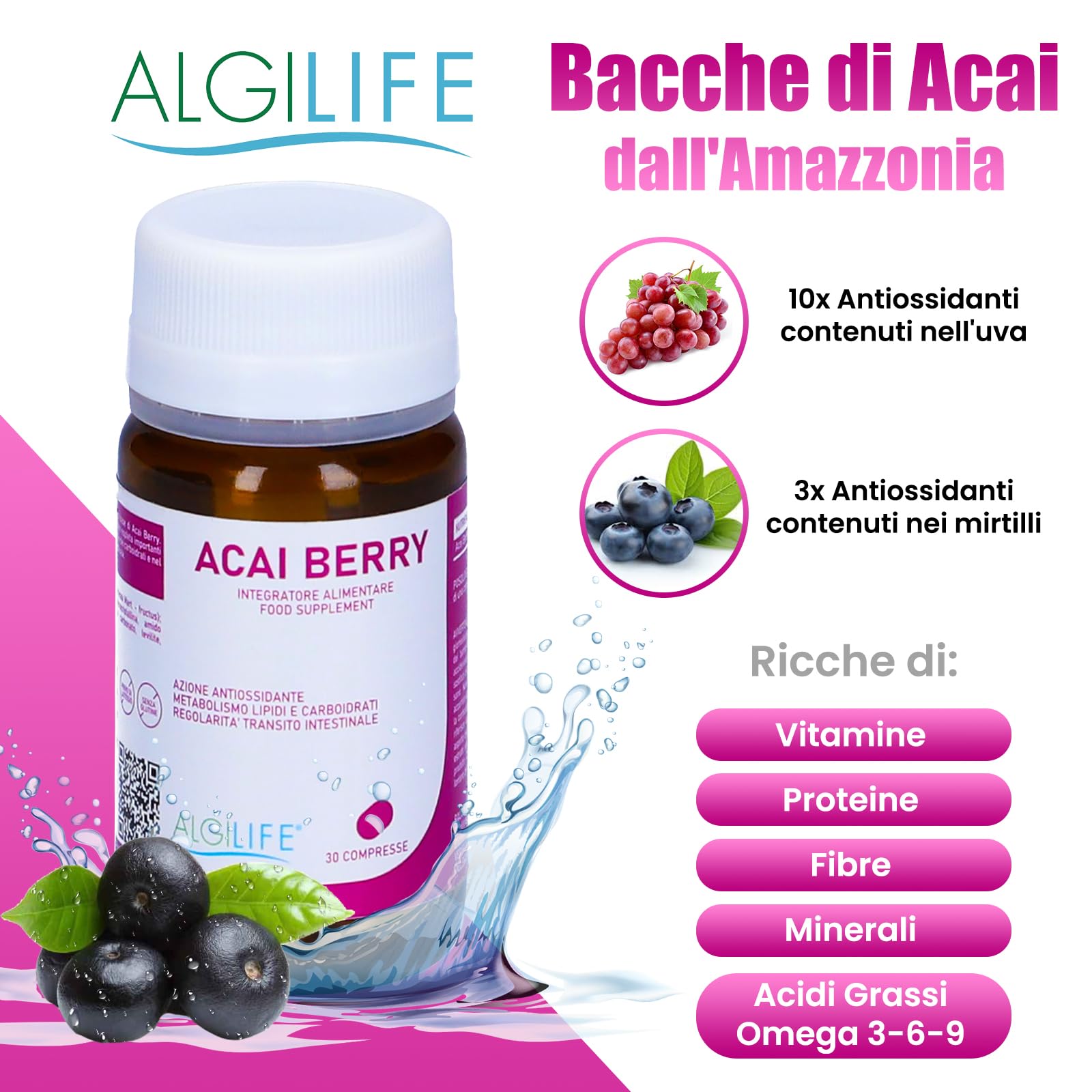 ALGILIFE ACAI BERRY Compresse Vegane di Estratto Naturale di Bacche Acai (30 compresse, scorta 1 mese) Antiossidanti Integratori Alto Dosaggio, Acai capsule da polvere di Bacche di Acai dall'Amazzonia