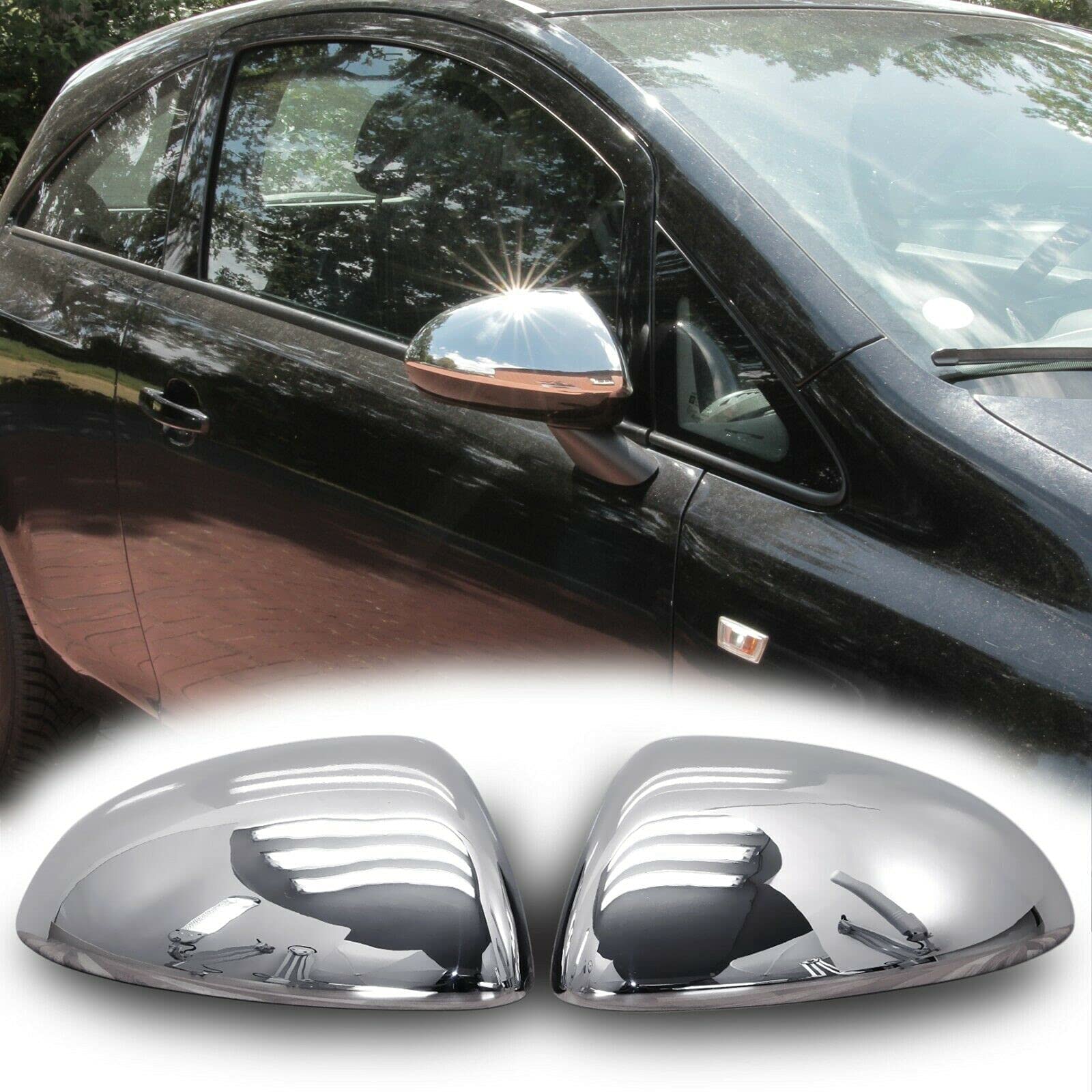 RECAMBO | Cubierta de espejo retrovisor | Compatible con Corsa D | Corsa E | 2006-2019 | Acero Inoxidable Cromado | KIT embellecedor para espejos retrovisores de coches