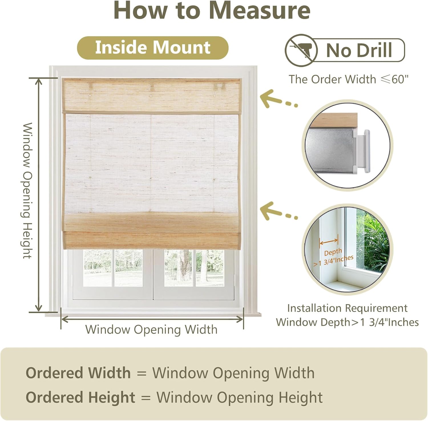 LETAU No Drill Roman Shades|Natural Bamboo|Top Down Bottom Up Cordless|Cordless Roman Shades for Windows and Doors,Cashew