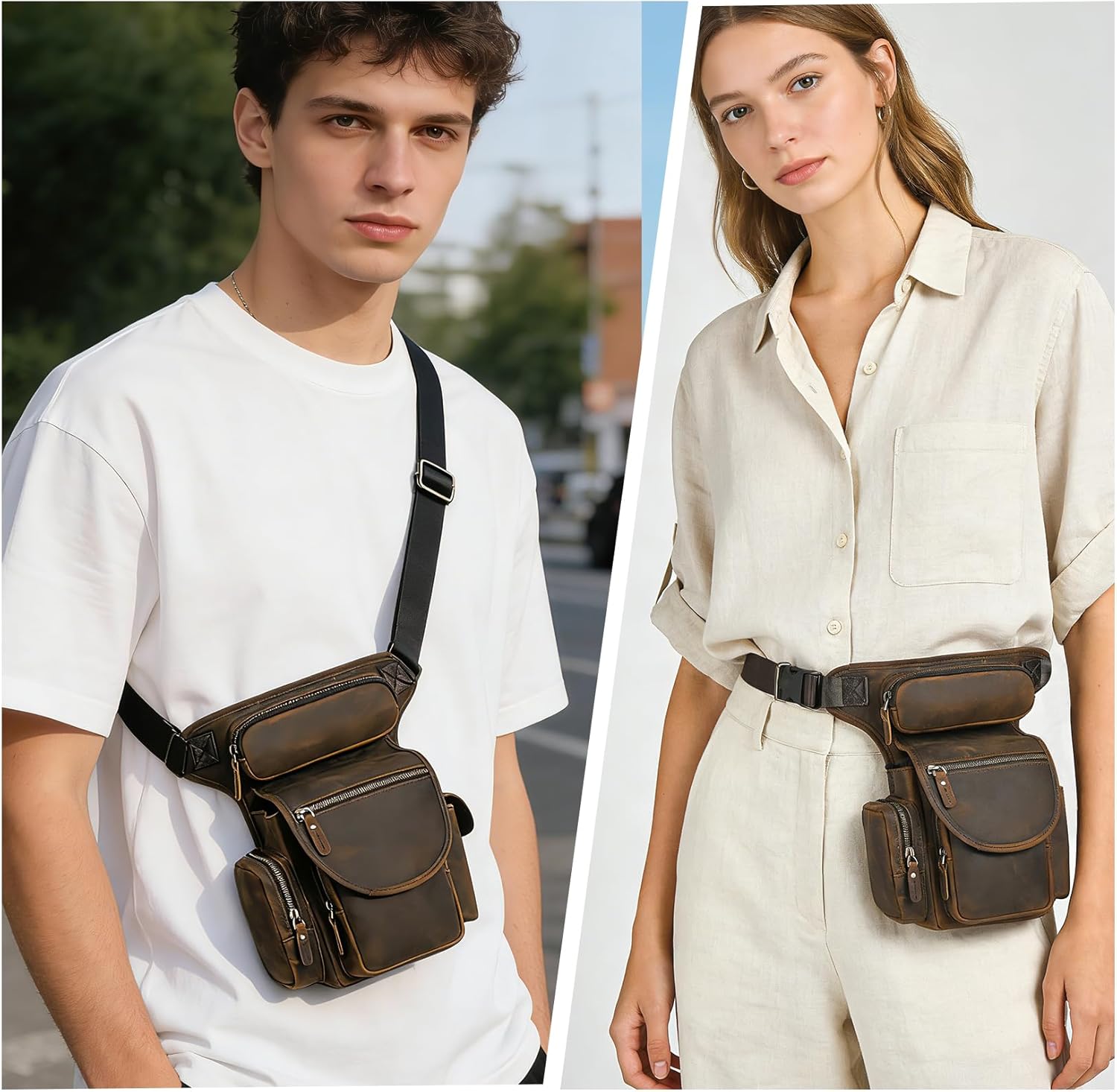 Water Resistant Canvas Plus Leather Motorcycle Fanny Waist Pack One Shoulder Drop Leg Thigh Bag For Men Women N211-8 (Z-3109-100% LEATHER)