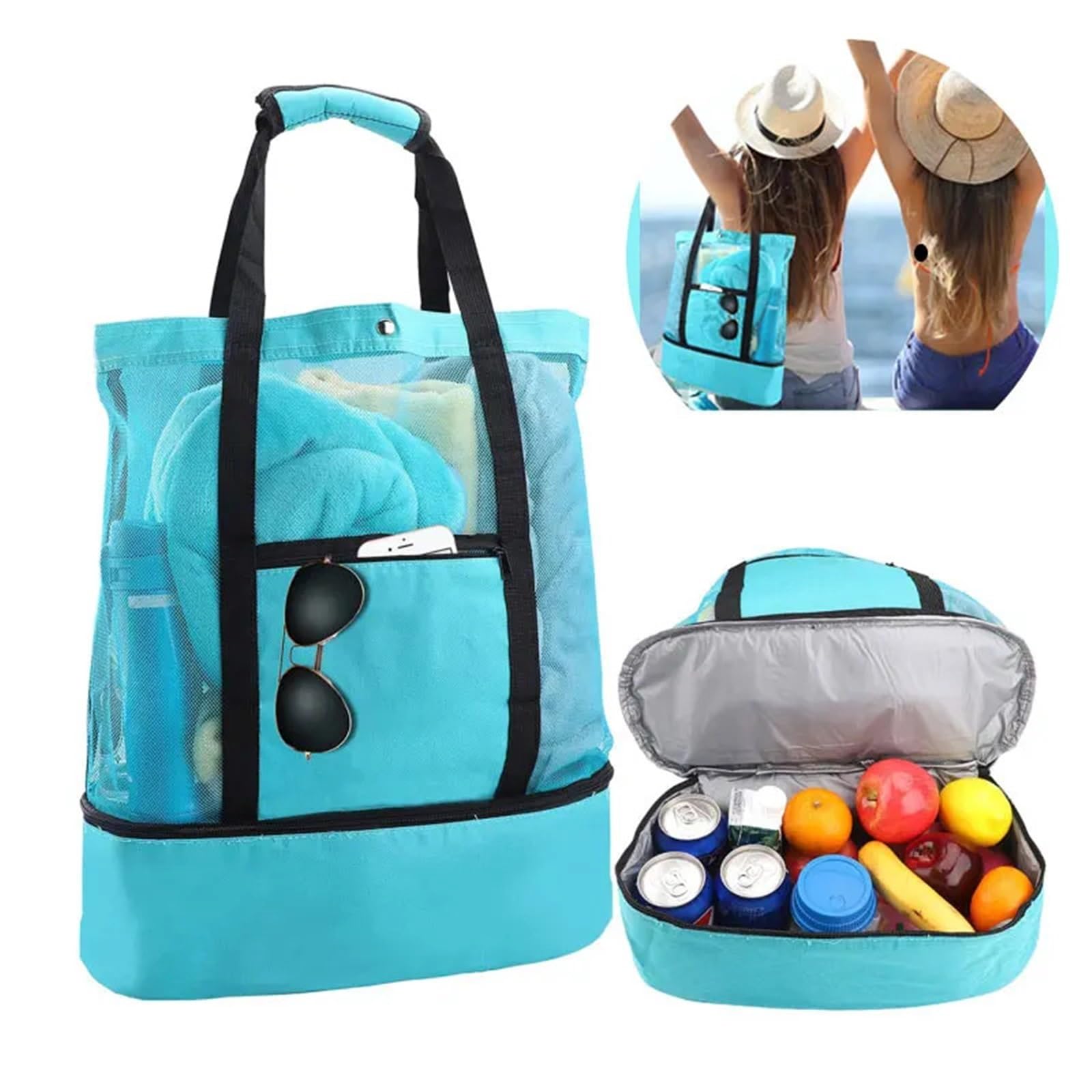 Sac fourre-Tout de Plage pour Femme, Sac de Natation à Double Couche fourre-Tout Plage en Maille Conservation la Chaleur Noir