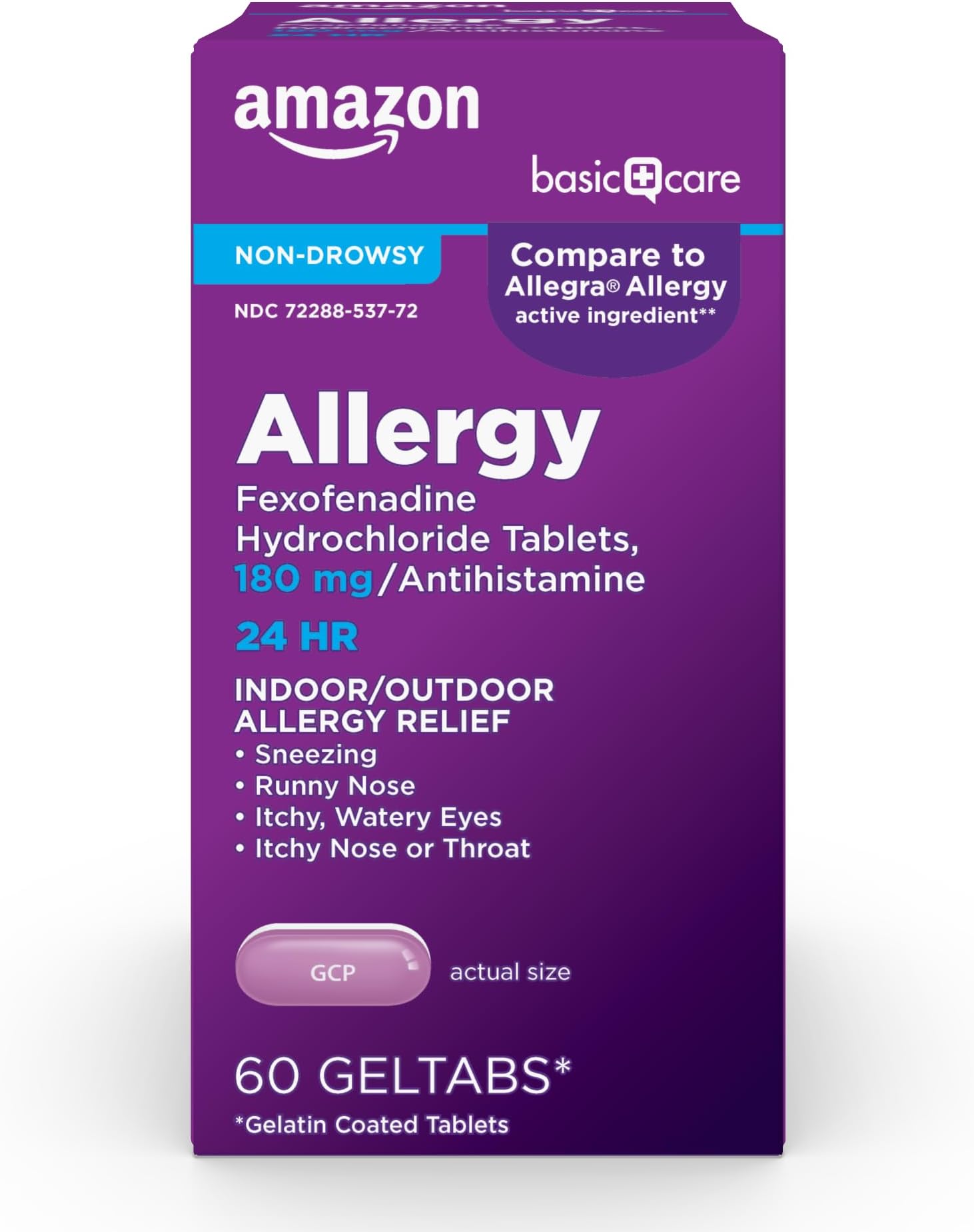 Amazon Basic Care All Day Indoor and Outdoor Allergy Relief, Fexofenadine Hydrochloride Geltabs, 180 mg, Antihistamine, Non-Drowsy, 24-Hour Relief for Sneezing, Runny Nose, Itchy Eyes, 60 Count