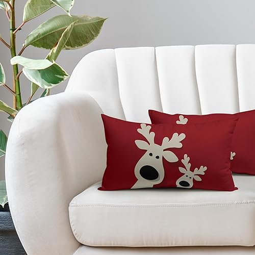 Miniatura 2 de Juego de 2 fundas de almohada lumbares rojas de 12 x 20 pulgadas, diseño de ciervos navideños, estampado de invierno, fundas de almohada decorativas