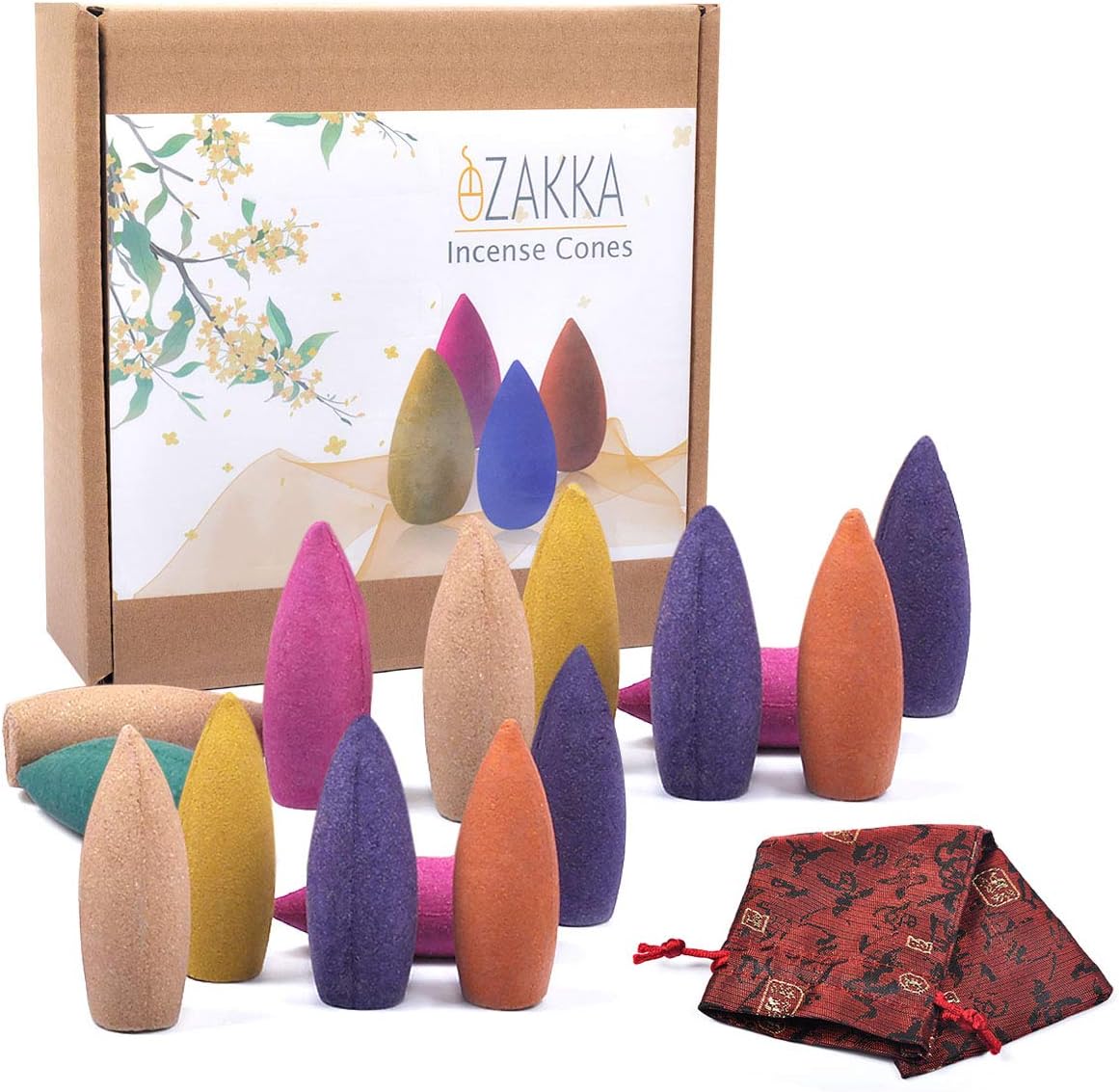 eZAKKA Backflow Incense Cones 120 Pieces Mixed Natural Incense Cone with Storage Bag