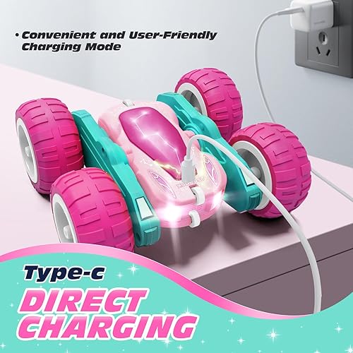 Miniatura 3 de Tecnock Auto de control remoto rosa para niñas y niños, autos RC de 2.4 GHz con USB-C de fácil carga, 4WD de doble cara gira y voltea el auto de
