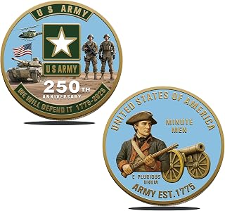 250th Anniversary U.S. Army Challenge Coin – 1.77-inch Double-Sided Zinc Alloy Coin 1775–2025 – High Relief Gold-Plated Design with Minute Men – Patriotic Veteran Gift