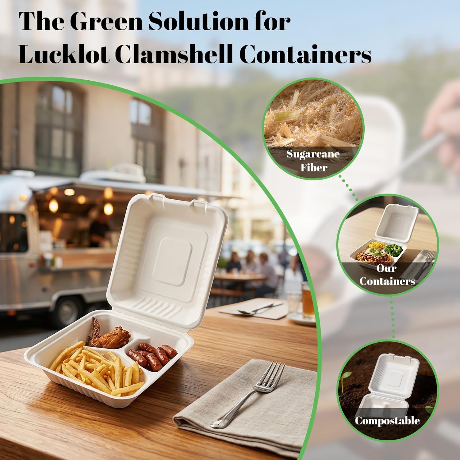 Lucklot 100 Pack Togo 8×9 Inch Disposable 3 Compartment White Clamshell Take Out Containers with Lids, To Go Takeout Lunch Boxes Compostable and Eco-Friendly Biodegradable Bagasse PFAS-Free for Food