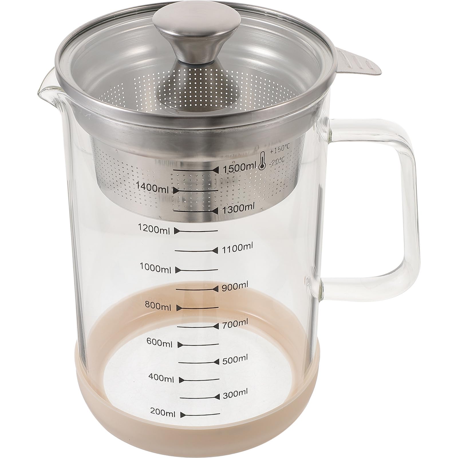Angoily Colador de Té y Jarra de Vidrio de 1500ml Filtro de Acero Inoxidable y Silicona, Fácil de Limpiar, Adecuado para Utensilios de Cocina