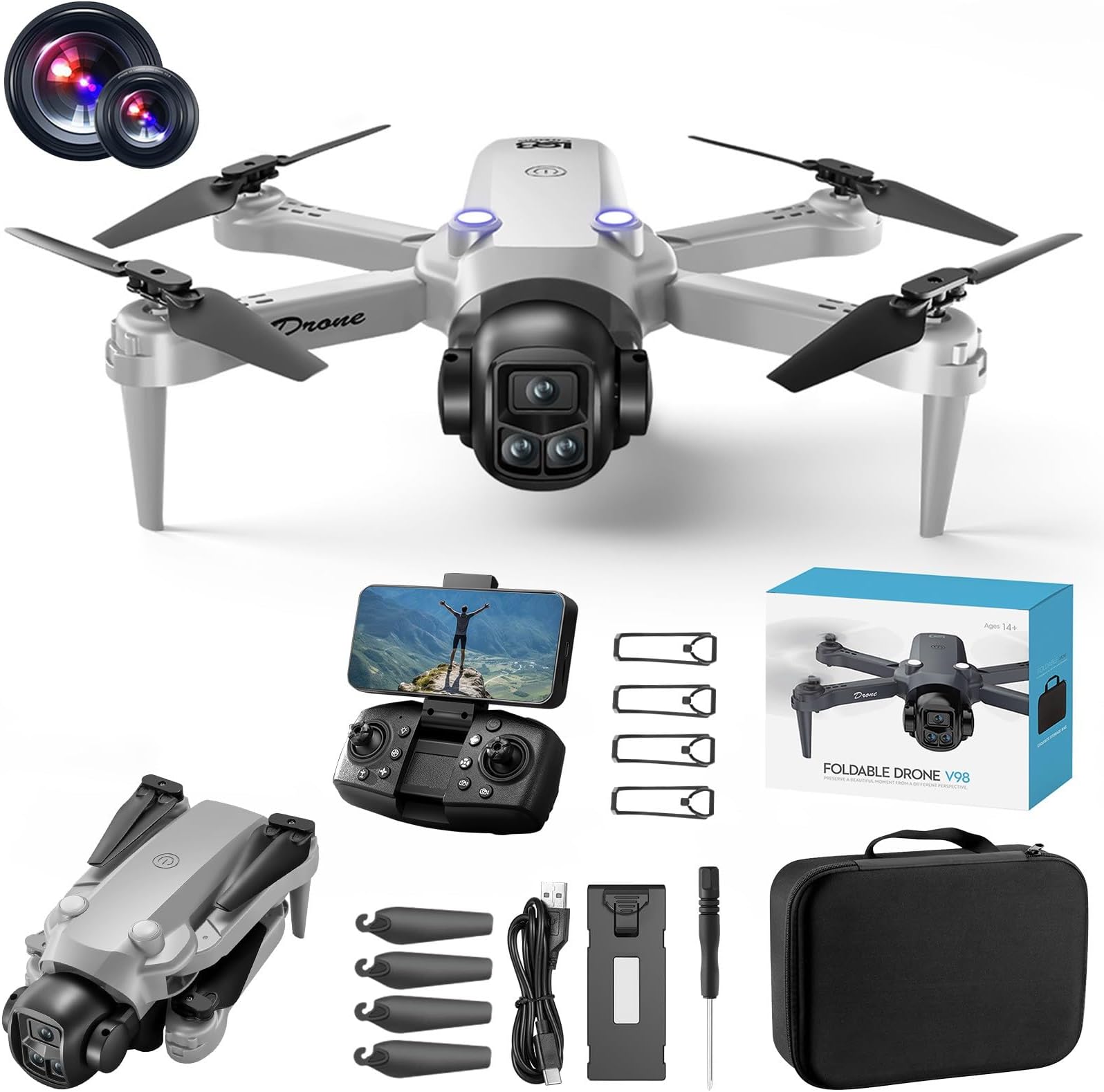 Drone with 1080P FPV Dual Camera - Sideward flight, Altitude Hold Headless Mode Start Speed Adjustment, Trajectory Flight, Low Battery Reminder, Speed Adjustment