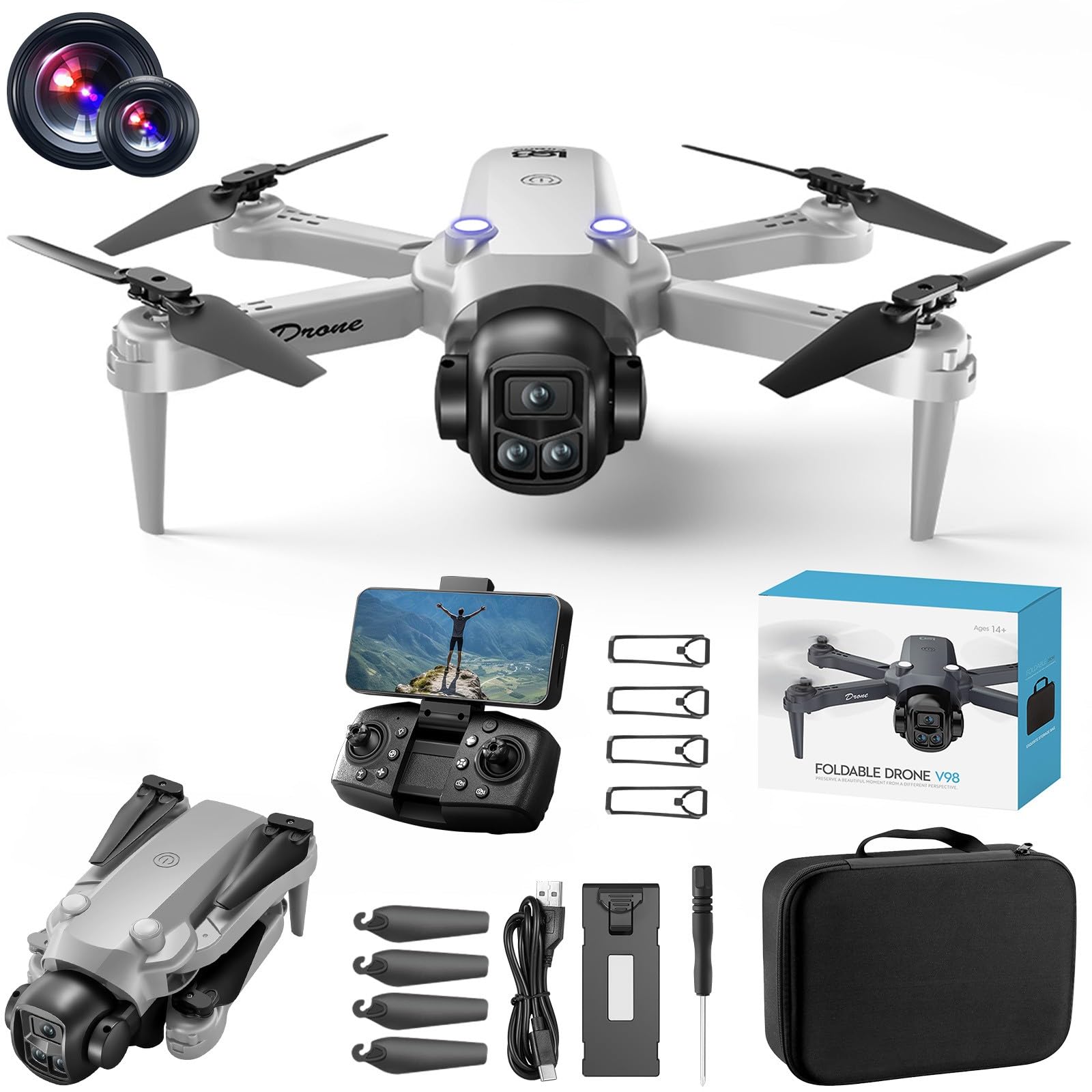 Drone with 1080P FPV Dual Camera - Sideward flight, Altitude Hold Headless Mode Start Speed Adjustment, Trajectory Flight, Low Battery Reminder, Speed Adjustment