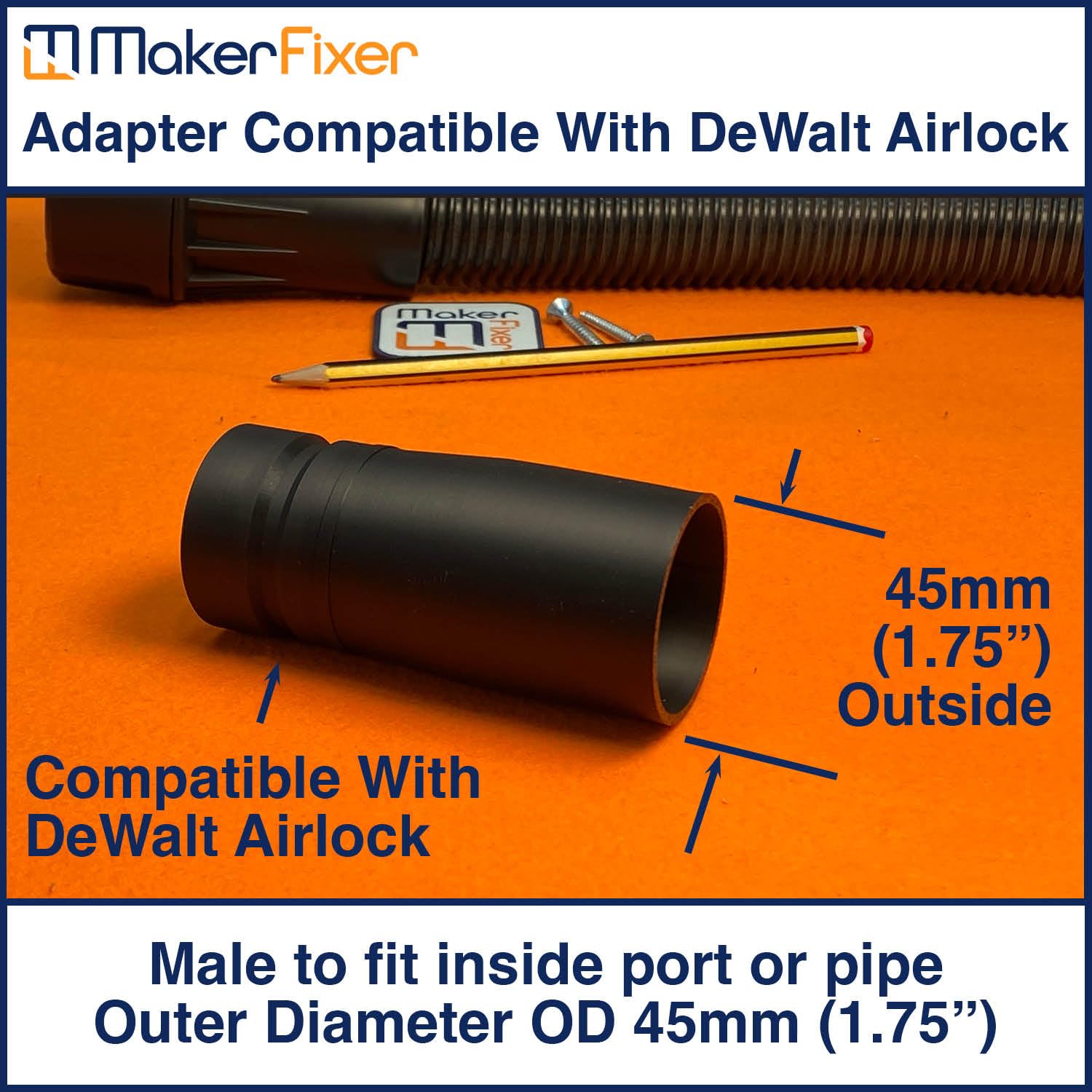 Adaptateur mâle d'extraction de poussière compatible avec DeWalt AirLock, diamètre extérieur de 45 mm (diamètre extérieur mâle 45 mm)