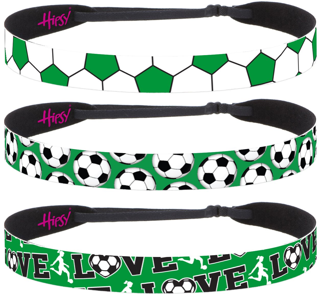 Hipsy Women's Adjustable NO SLIP Green Soccer Headbands (Multi Soccer Green 3pk)