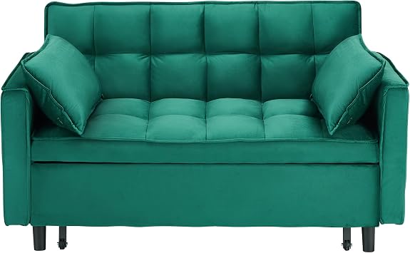 55 Inch Versatile Foldable Sofa Bed in 3 Lengths - Modern Velvet Pull-Out Sofa with Solid Wood Frame, Adjustable Back, Green, Ideal for Living Room, Dorm & Apartment