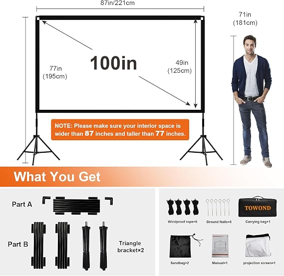 TOWOND 100 Inch Outdoor Projector Screen with Stand, Reinforced Edge | Compact reinforced-edge screen fits smaller rooms and patios; 19mm tripod and carry bag travel easily.