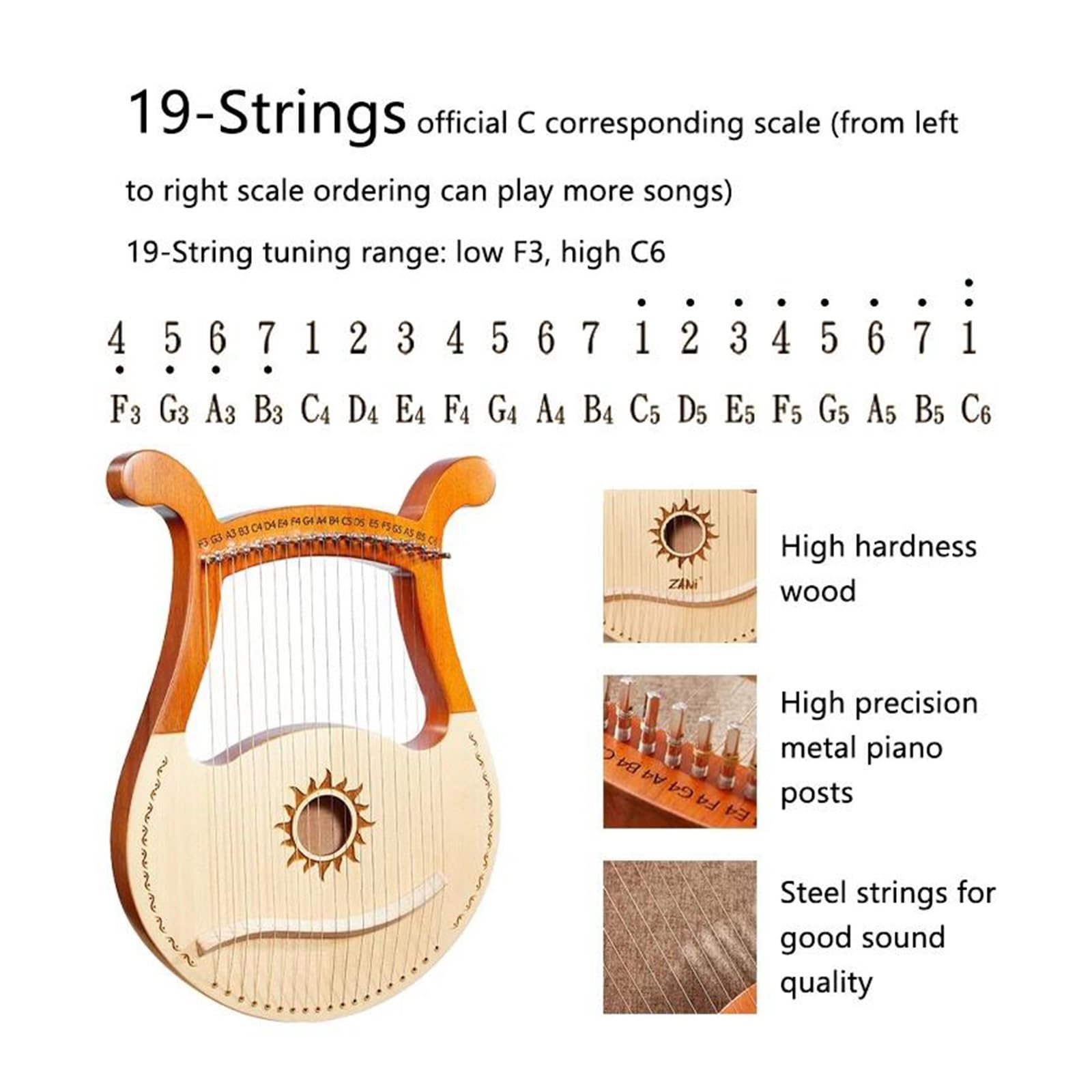 xilofono professionale Strumento Musicale Per Principianti Con Arpa A Lira A 19 Corde A Scheda Singola Con Corda Di Ricambio Per Chiave(B)