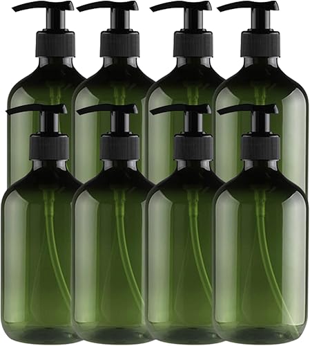 TEJAL Botellas de plástico de 16 onzas con bomba, paquete de 8 botellas con bomba de jabón líquido, verde oscuro, botella recargable para cocinar