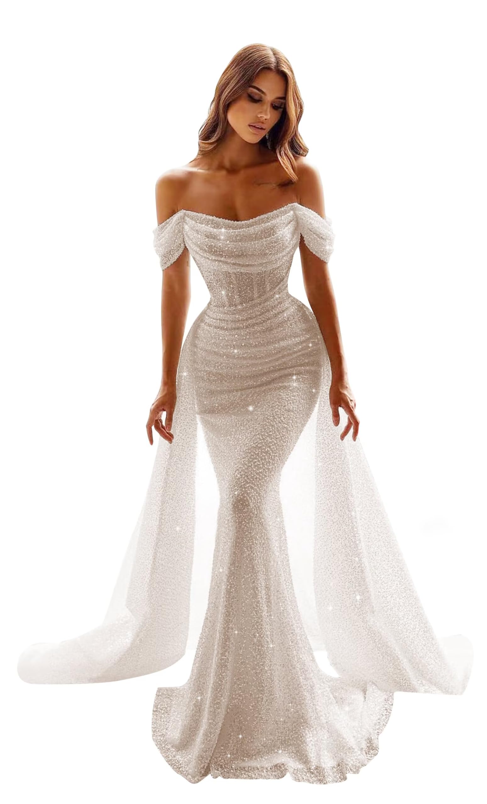 Mermaid Prom Dresses for Women Sparkly Sequins Strapless Formal Dress Detachable Train Off Shoulder LW113
