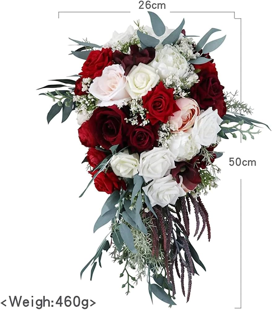 Amazon｜花嫁のための手作りのウェディングブーケ、人工赤白バラの