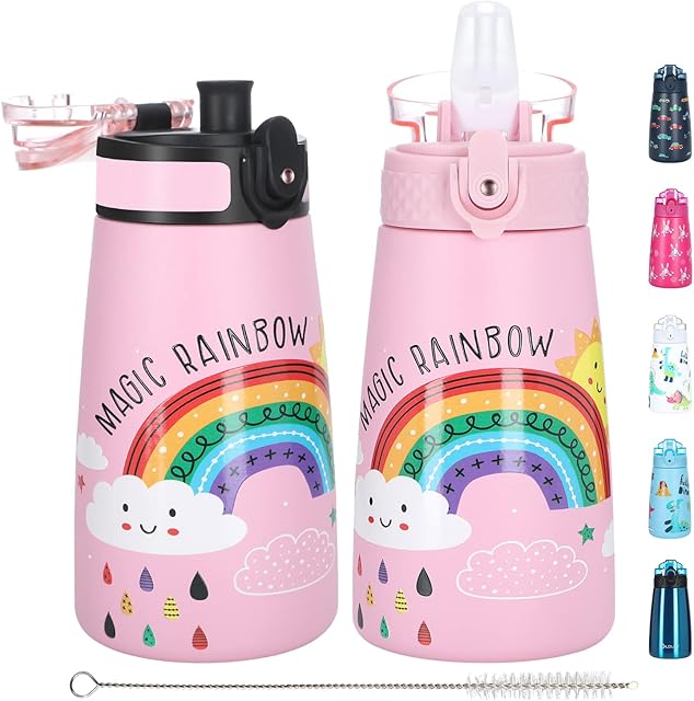 OLDLEY 350ml Kids Stainless Steel Water Bottle with Straw for School with 2 Different Lid, Metal Vacuum Insulated Water Bottles Small Flask for Boys Girls Toddler Children Hot Cold Drinks BPA Free