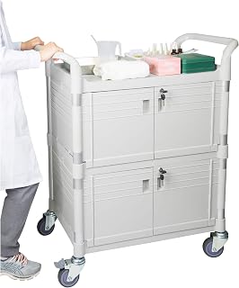 [JaboEquip] Commercial Double Lockable Medical Cart 3 Shelf Hospital Cart L34.43xD19.69xH40.55 inch Off-White (Light Grey) Color
