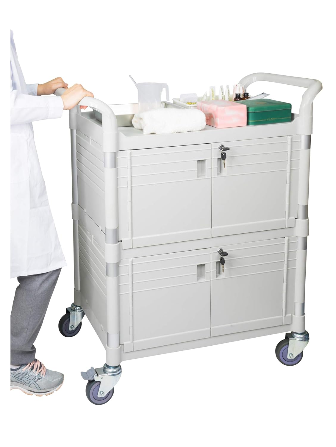 [JaboEquip] Commercial Double Lockable Medical Cart 3 Shelf Hospital Cart L34.43xD19.69xH40.55 inch Off-White (Light Grey) Color