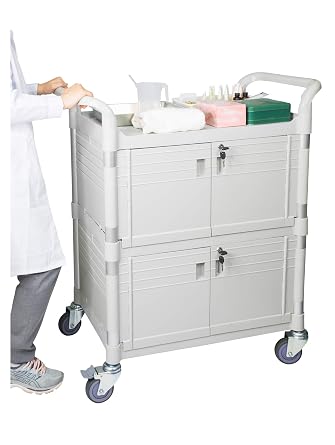 [JaboEquip] Commercial Double Lockable Medical Cart 3 Shelf Hospital Cart L34.43xD19.69xH40.55 inch Off-White Light Grey Color