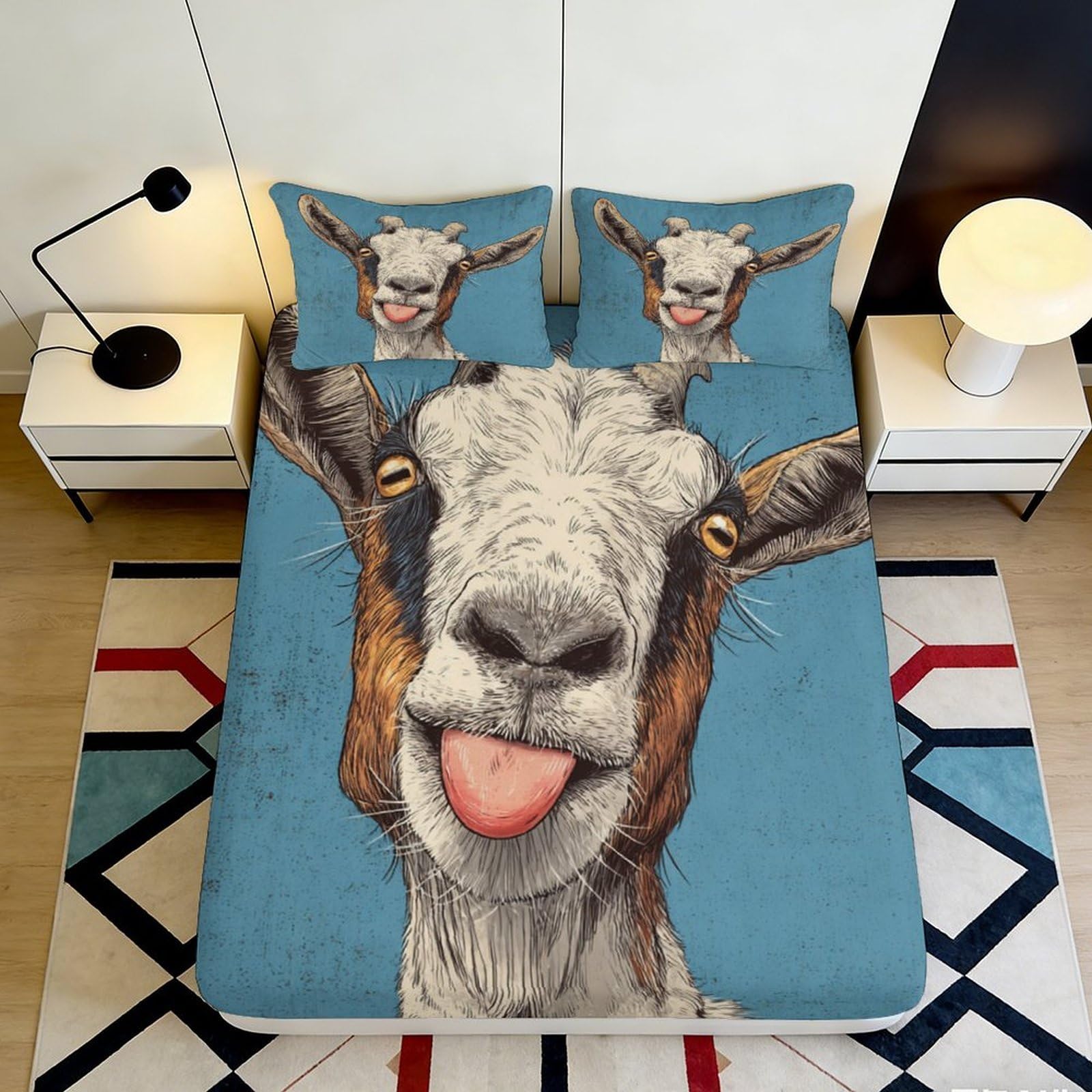 3D Printed Funny Goat Fitted Sheet Microfiber Blue Animal Bed Cover for Bedroom Guest Room Mattress Protection Decor 90x200x25cm