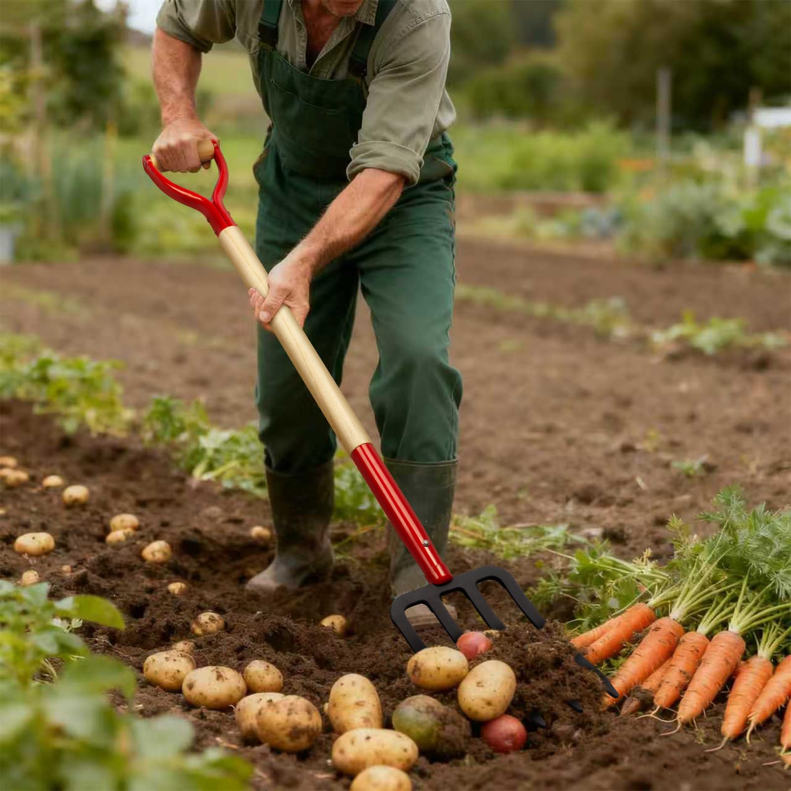 Tenedor de jardín resistente para excavar, tenedor de paso de 4 dientes para abono de jardinería, tenedor de jardín con mango de madera, 45 pulgadas