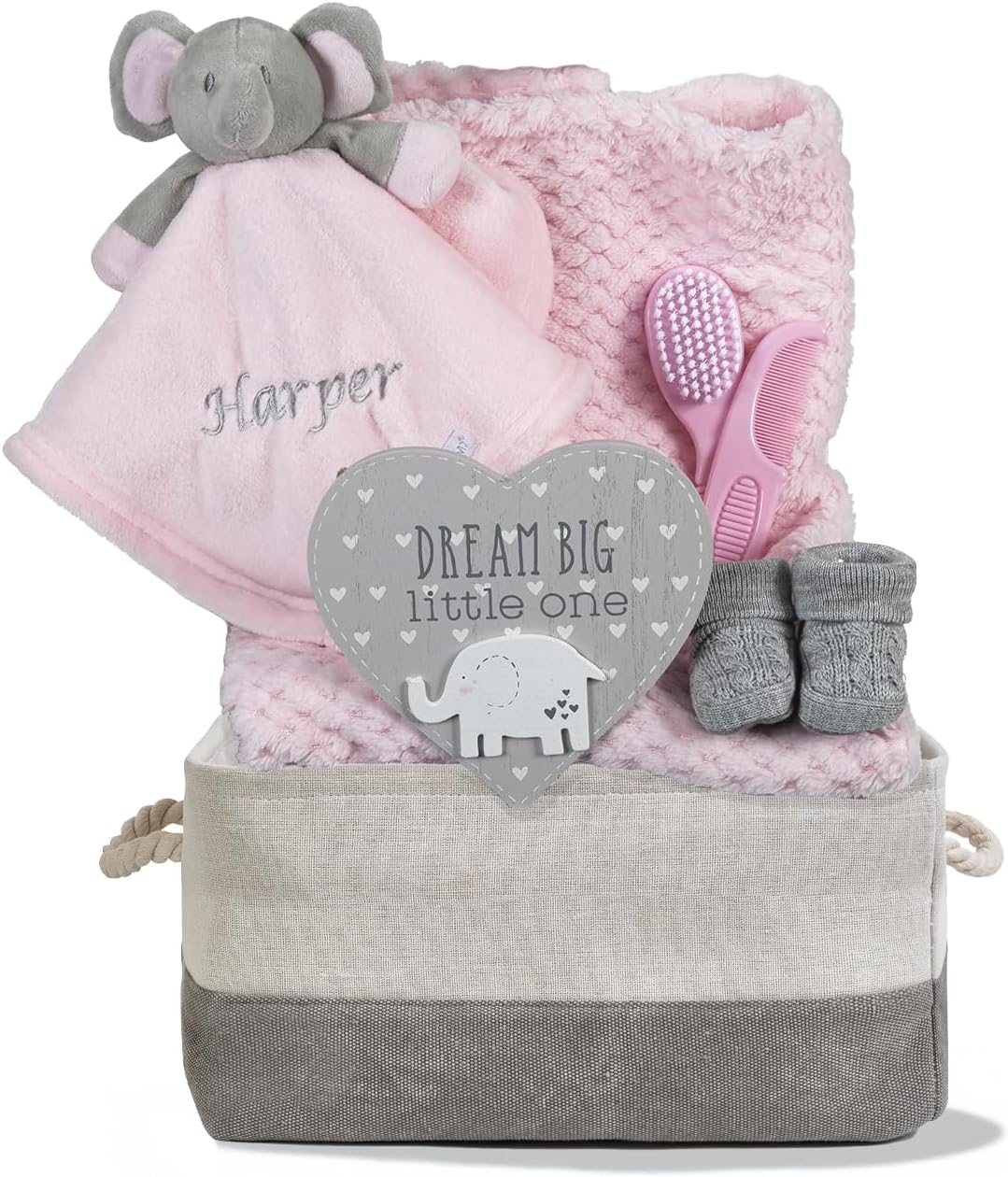 Personalised Baby Gift Basket for Girls Pink Custom Gift Hamper Newborn Embroidered Elephant Comforter Blanket Baby Shower Special Nappy Caddy Present
