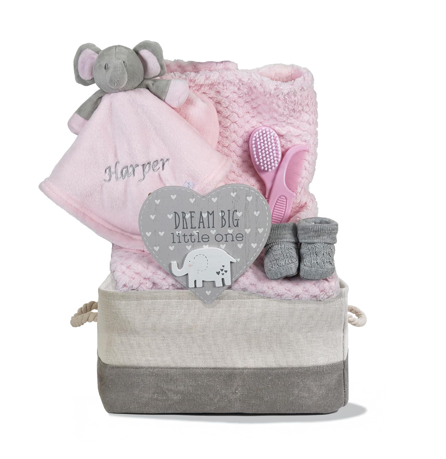 Hoolaroo Women's Pink Elephant Personalised Baby Gift Basket For Girls Pink Custom Gift Hamper Newborn Embroidered Elephant Comforter Blanket Baby Shower Special Nappy Caddy Present
