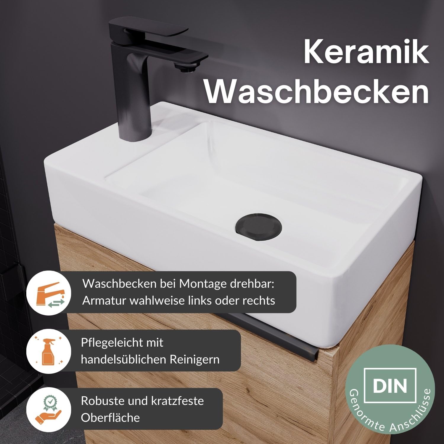 Planetmöbel Waschtisch mit Unterschrank 40 cm Waschbeckenunterschrank, Badmöbel-Set mit Waschbecken für kleine Bäder, Gäste WC, Gold Eiche