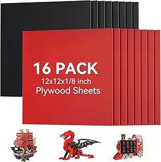 16 Pack Pre-Painted Colored Plywood Sheets, 12x12x1/8 (3mm) Basswood Boards for Laser Cutting, Engraving, DIY Crafts, Signs, Gifts & Holiday Decorations (8 Red + 8 Black)