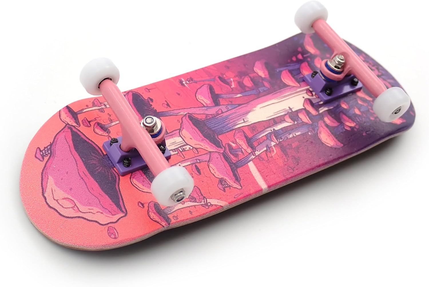 SPITBOARDS® 36 x 96 mm Wood Fingerboard Complete Set-Up, Pre Assembled, 5-Layers Wood, Pro Trucks with Lock Nuts, CNC Bearing Wheels, Real Wear Graphics, Lasered Foam Grip Tape, Pink Mushrooms