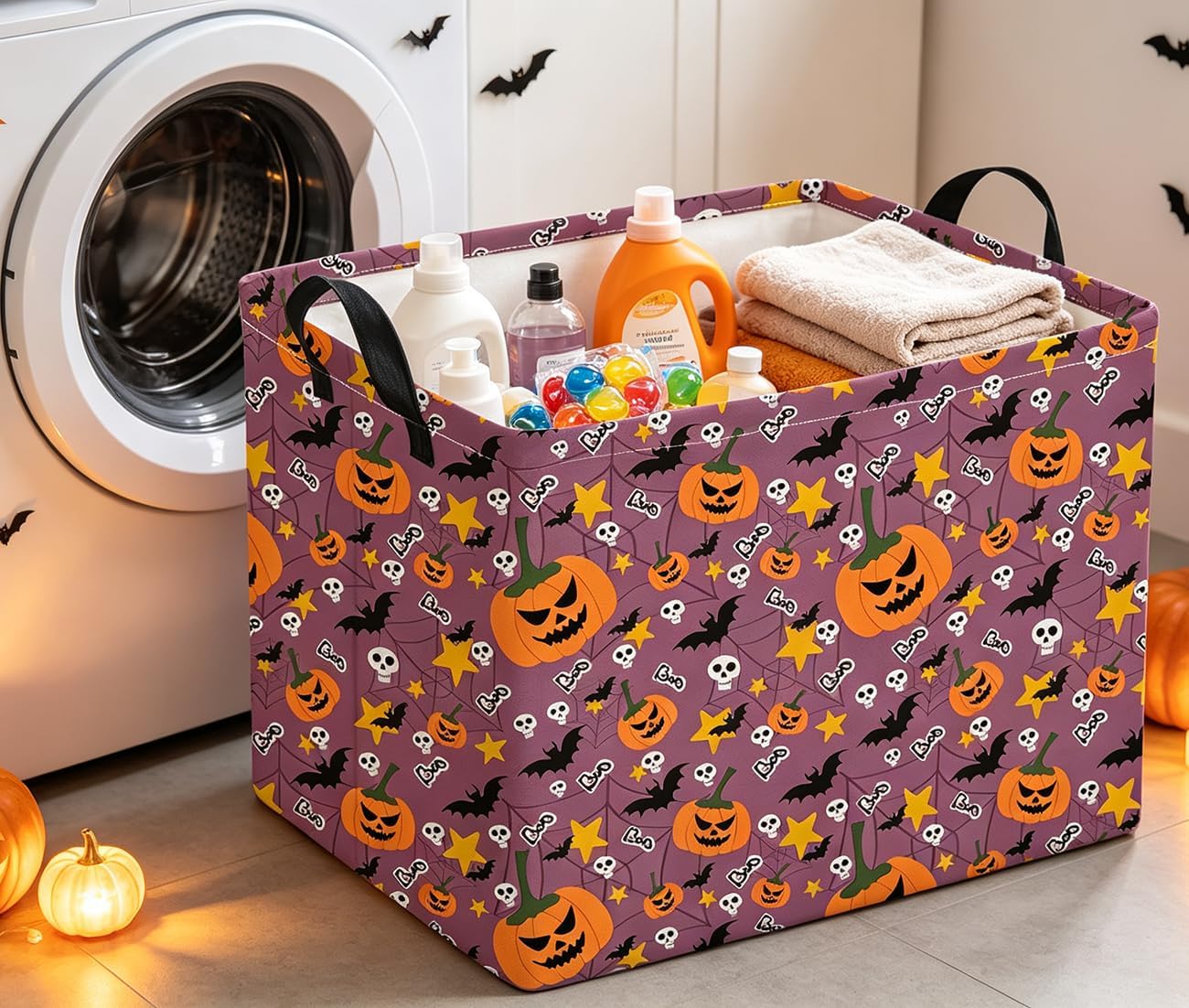 Rectangle Storage Basket with Handles for Kids,Cute Organizer Toy Bin,Gift Basket for Boys and Girls,Room Decor(Purple Pumpkin Halloween) image 5