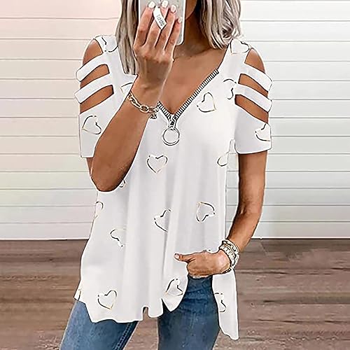 Miniatura 2 de Blusa casual con hombros descubiertos para mujer, manga corta, cuello en V, con cremallera, estampado floral, túnica hueca