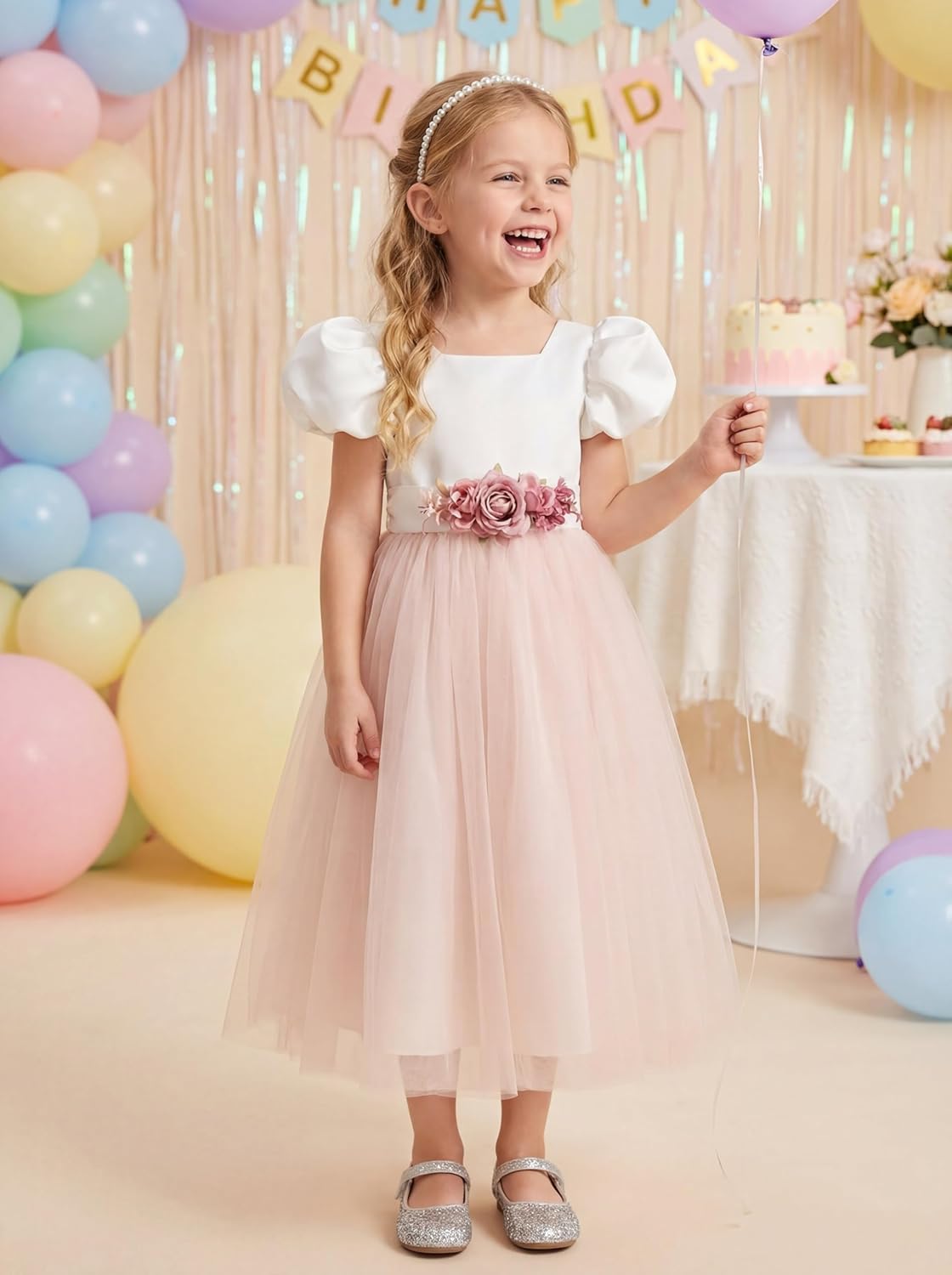 LalaMira Flower Girl Dress White Satin Pink Tulle Puffy Sleeve 3D Rose Big Bow Wedding Party Princess Gown Toddler