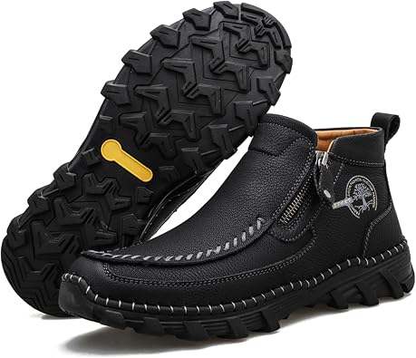 Mens Hand Stitching Leather Slip On Ankle Boots Side Zipper Casual Comfort Moccasin Chukka Boots Outdoor Walking Loafers for Working Driving Hiking