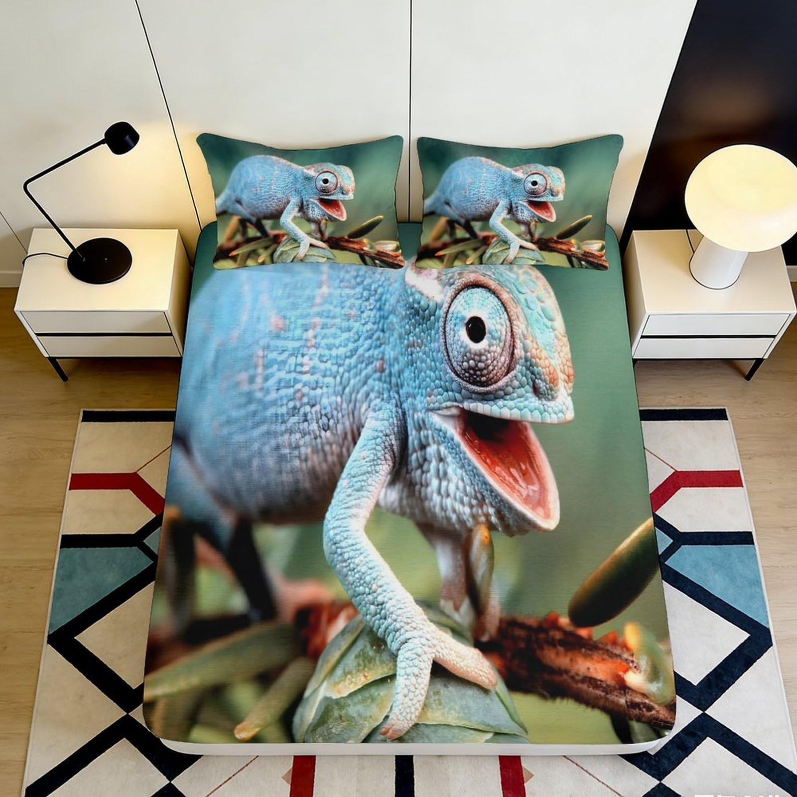 3D Printed Blue Chameleon Fitted Sheet Microfiber Soft Durable Green Lizard Bed Cover for Bedroom Dormitory Guest Room Mattress Protection 90x200x25cm