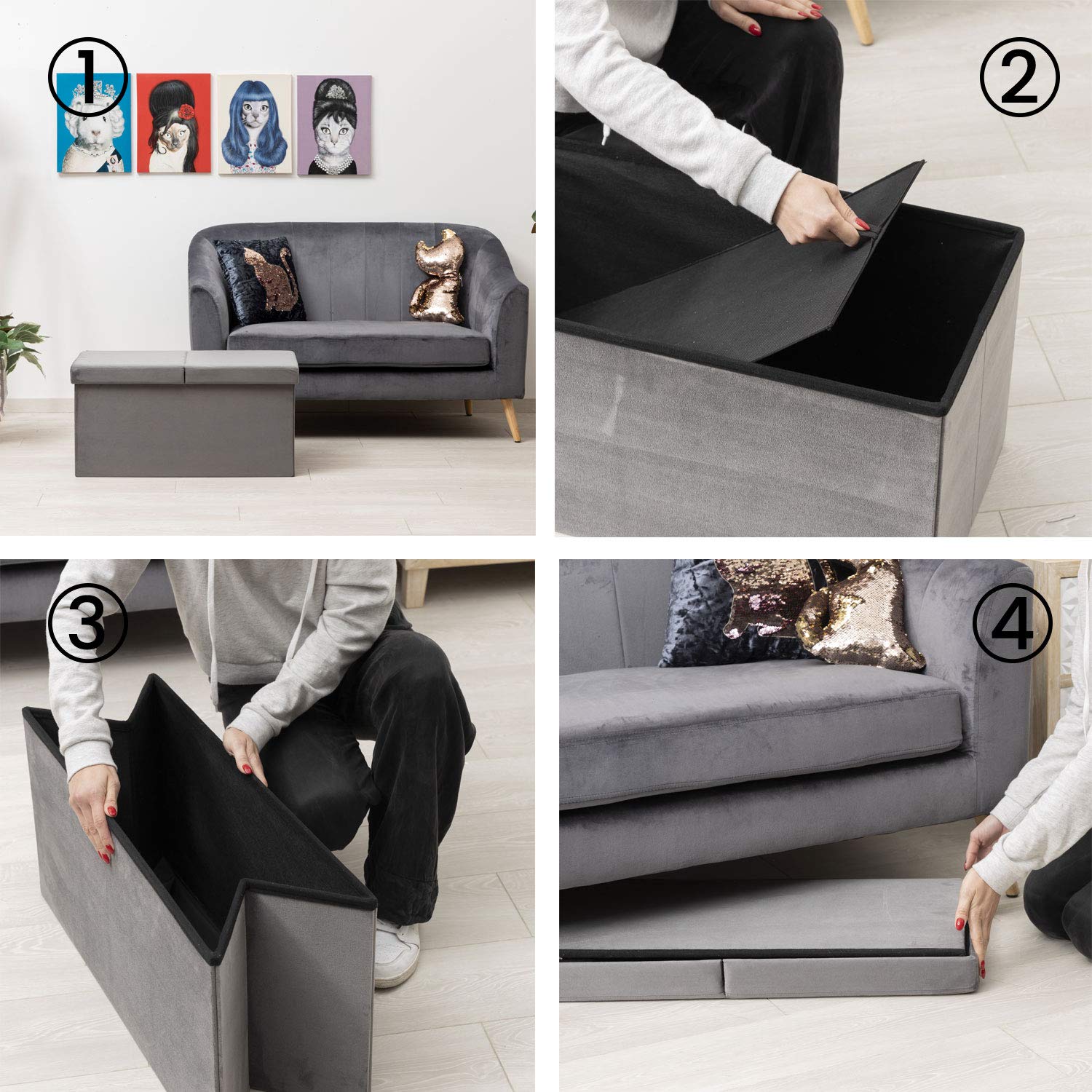 Cassapanca Pieghevole Baroni Home In Velluto Rosa - Pouf Contenitore Per Coperte E Giochi, 76x38x38 Cm